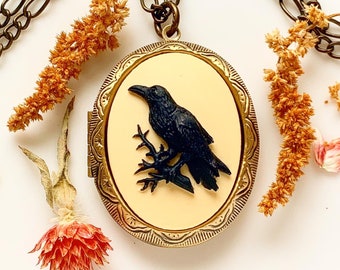Raven Cameo Locket Necklace Raven Pendant Large Locket Gothic Jewelry Edgar Allan Poe Gift