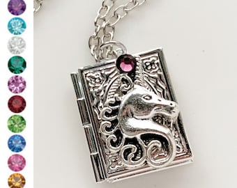 Unicorn Birthstone Locket Necklace Unicorn Book Locket Pendant