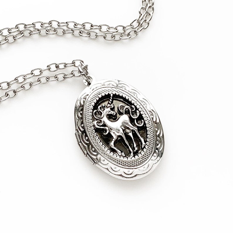 K&ouml;nnte beinhalten: Silberne Halskette mit Anh&auml;nger in Form eines detaillierten Einhorn-Designs. Der Anh&auml;nger hat einen filigranen Rand und eine Kette.