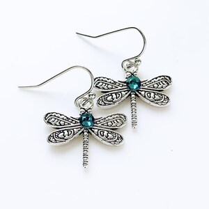 May include: Silver dragonfly earrings with teal blue crystal accents.