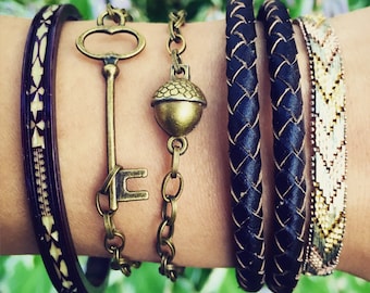 Key Bracelet Bronze Finish Adjustable Chain Link Skeleton Key Bracelet