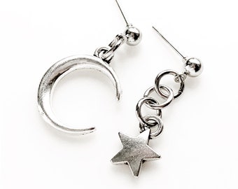 Mismatched Moon and Star Earrings Silver Dangly Stud Earrings