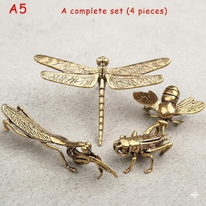 Vintage Handmade Solid Brass Dragonfly Figurine, Antique Insect Sculpture Desk Decor Gift