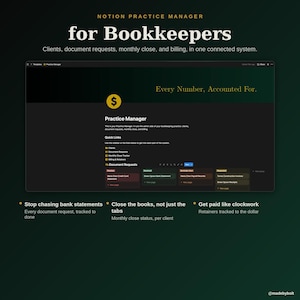 May include: A Notion Practice Manager template for bookkeepers featuring a dark interface with a dollar sign icon, quick links, and a document request board. Text includes Notion Practice Manager for Bookkeepers and Every Number, Accounted For.