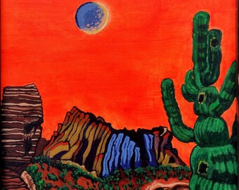 Saguaro Cactus Moon, Framed Acrylic Painting (11x14)