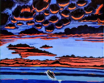 Original Boat Acrylic Painting: Stormy Sky, 18x24 Canvas