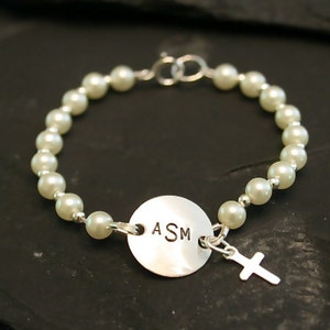 Baby Girl Bracelet -- Sweet Pearls - Initial Sterling and Pearl Bracelet -Baptism/Communion/Confirmation