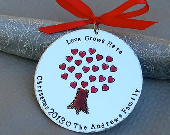 Love Grows Here Personalized Original Artwork - Hand Forged/Hand Stamped Hard Anodized Aluminum Christmas Ornament -