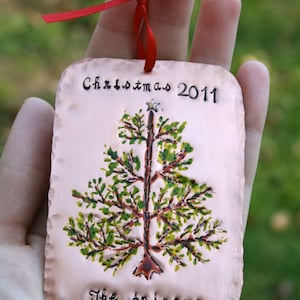 Personalized Hand Stamped Christmas Tree - Copper Family Keepsake Ornament - Original Artwork