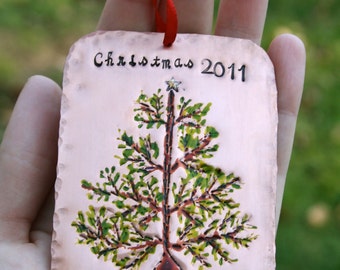 Personalized Hand Stamped Christmas Tree - Copper Family Keepsake Ornament - Original Artwork