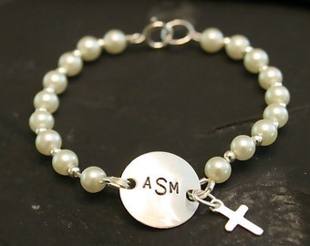 Baby bracelet - Sweet Pearls - Initial Sterling and Pearl Bracelet -Baptism/Communion/Confirmation