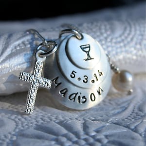 First Communion Necklace Communion Jewelry with Sterling Silver Cross and Pearl image 1