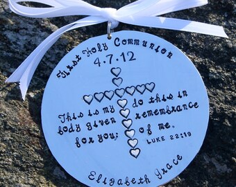 First Communion/Baptism - Hand Stamped Hard Anondized Aluminum Ornament - Round LARGE