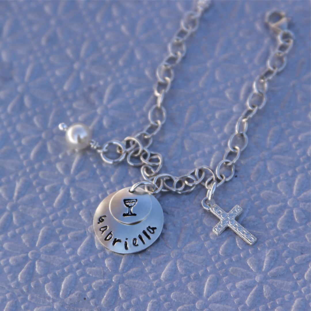 Bracelet Première Communion Pour Fille - Perles Véritables En Coeur, Plaqué Argent 925 - Neuf Avec Étiquettes