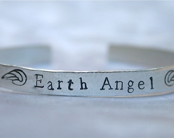 Earth Angel - Sterling Silver Cuff Bracelet - Angel Wings - Personalized