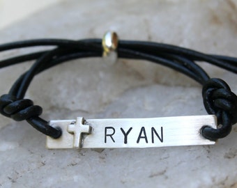 Cross - Sterling Silver and Leather ID Bracelet - Communion/Confirmation/Unisex