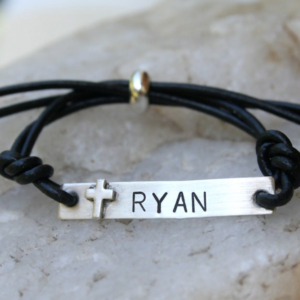 Cross - Sterling Silver and Leather ID Bracelet - Communion/Confirmation/Unisex