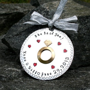 Hand Stamped Engagement --She Said Yes  - Ornament - Hard Anondized Aluminum - LARGE 3 inch disc