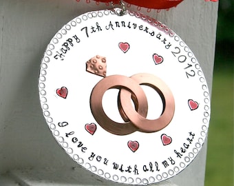 Hand Stamped Anniversary Ornament - Seventh - or any - Anniversary Hard Anondized Aluminum - LARGE 3 inch disc