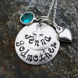 Godmother Necklace/Godchild Necklace - in Sterling Silver - hand stamped with birthstone and heart