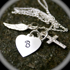 My Angel - Communion/Confirmation - Angel Wing, Heart with Initial and Cross Sterling Silver Necklace