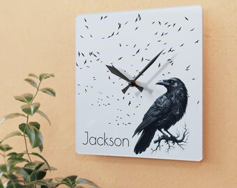 Personalized Raven Acrylic Clock, Custom Name Gothic Crow Wall Decor, Dark Academia Decor Gifts