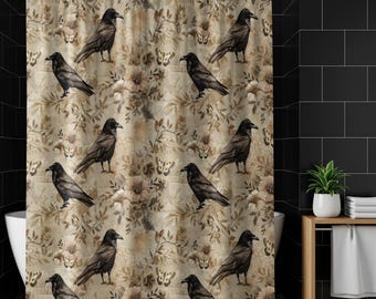 May include: A beige shower curtain featuring a repeating pattern of black ravens, flowers, and butterflies. The ravens are depicted in a detailed, realistic style. The floral elements are in shades of brown and beige, creating a vintage aesthetic. The curtain is hanging in a bathroom.