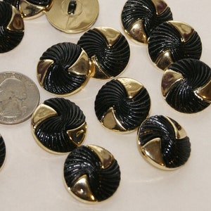 8 Black Buttons 1&quot;  Gold Black Shank Buttons, Sewing Button, Matching Buttons  (AE 97a)