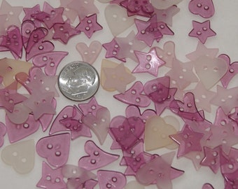 50 Hearts and Stars Buttons, Clear and Frosted Pink Buttons, Thin  Two Hole Sew Through Buttons (Ay 18)