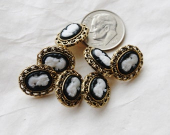 7 Cameo Buttons, Gold and Black Shank Back Buttons,  sewing, Crafting (zz 101a)   (SB 470)