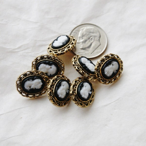 7 Cameo Buttons, Gold and Black Shank Back Buttons,  sewing, Crafting (zz 101a)   (SB 470)