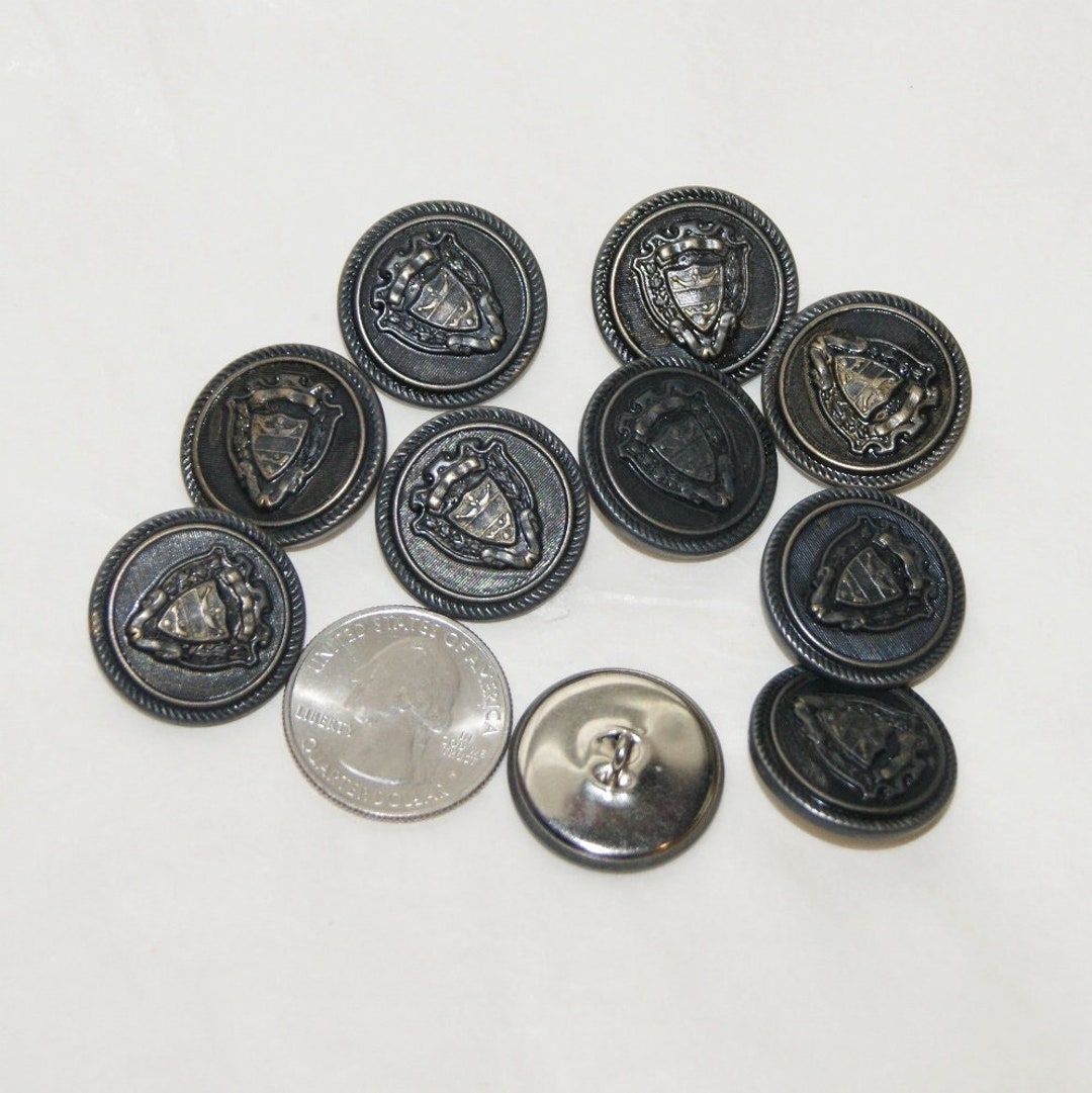 Silver Neck Button 10 Silver Tone Metal Buttons, 7/8', Crest, Shank Buttons, Sewing, Craft ...
