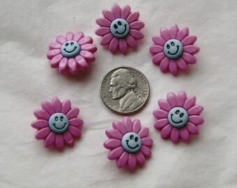 6 Smile Face Flower Buttons, 7/8" Pink Petals Blue face Matching Buttons,  Sewing, Grab Bag, Crafting, Jewelry  (SB 17)