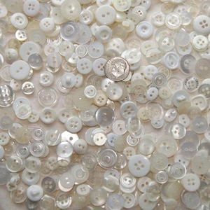 100 White Buttons Smalls, Mix, Pearl White, Bright White, Off Whites, Clears  (1280 B)