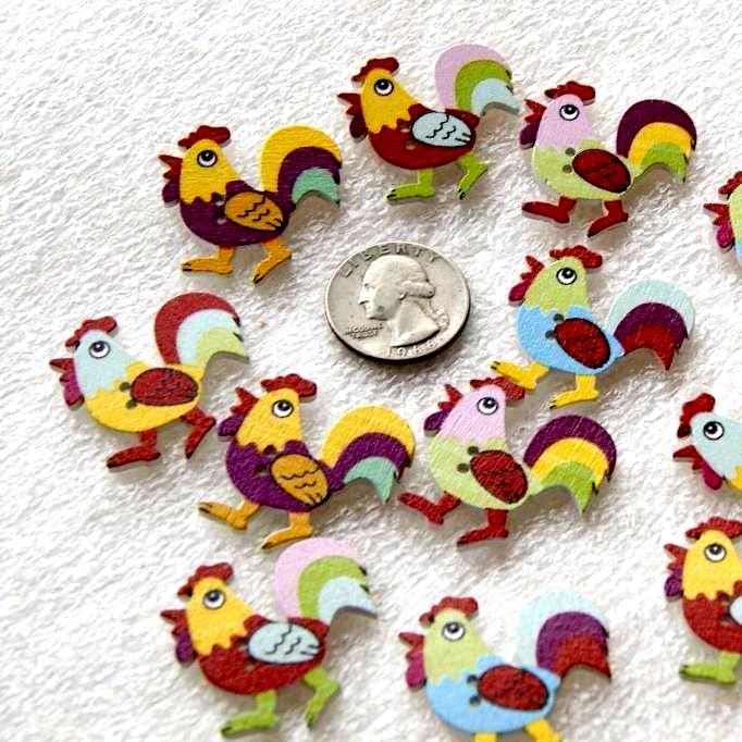 Poultry Buttons 7 Chicken Rooster Wood Buttons, Random Mix, 1 3/8