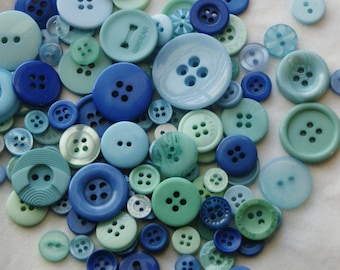 100 Buttons, Waterfall, Ocean Waves, Blues, Sea Greens Buttons, Assorted Size Mix Grab Bag Crafting Jewelry Collect (1620)