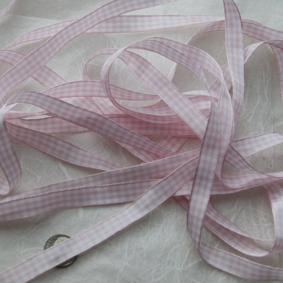 5 yards Pink, Light Pink Gingham Ribbon 3/8 inch, Trim, Mixed Media,  Scrapbook (G 12)
