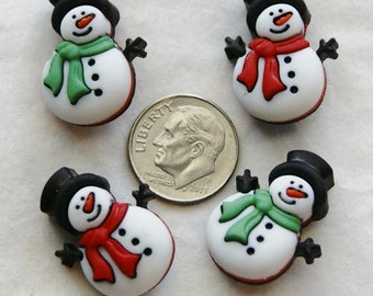 4 Snowman Buttons, Christmas Buttons, Red Green Scarf, Shank Back Snowman Embellishments (AS 13)