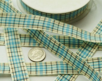 5 Yards of 5/8 inch, 15mm Turquoise Blue, Cream Gingham Plaid Ribbon (PLD 3)