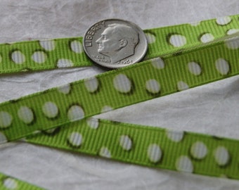 5 yards Green Ribbon, 3/8" Lime Green, Random White Spots, Grosgrain Ribbon, Trim   (R 34)