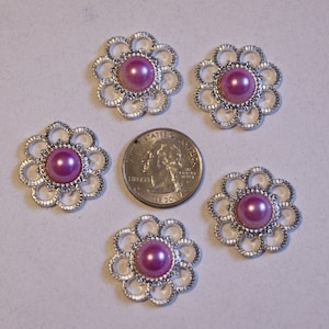 5 Pink Half Pearl Flower Silver plastic acrylic flat back Embellishment (FB 3)