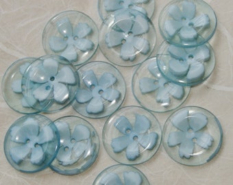 5 Blue Buttons, Clear and Light Blue Floating Flower Matching buttons, 1 1/8", 2 hole Sewing Buttons, Sewing, Crafting Jewelry ( CC 51 )