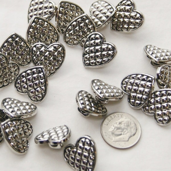 8 Heart Buttons, Bright Silver tone Heart Buttons, Quilted top Shank Back  (K 98)