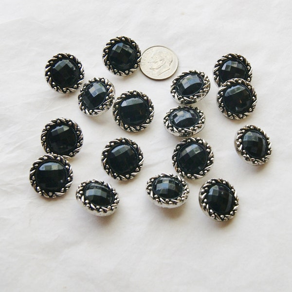 15 Black and Silver Buttons, 11/16", Faceted Black Center, Shank Sewing Buttons, Crafting, Jewelry, Collect (W 67)
