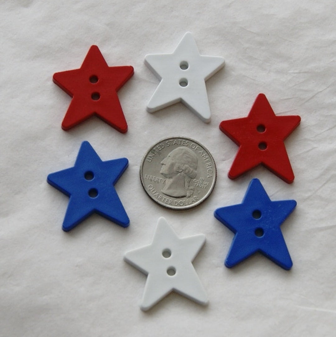 6 Star Buttons 1 1/4 Buttons Red White Blue Cartoon Stars Craft Sewing  Buttons AT 75 