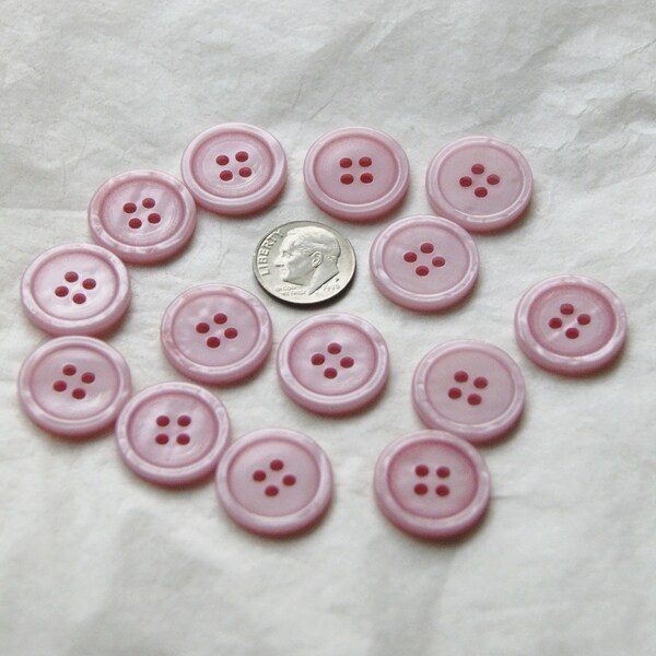 14 Pink Buttons  3/4"  Buttons, Pastel Pink Pearled, 4 Hole Rimmed Crafting, Sewing, Jewelry Create  (SB 228)