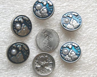 6 Moon and Star buttons, Silver/Gold, Teal Enamel, Celestial Buttons (SB 1091)