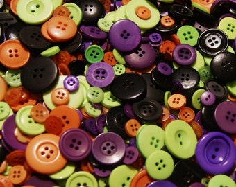 100 Buttons Halloween Mix, Lime Green, Bright Orange, Purple, Black , Assorted sizes -  Grab Bag (976)