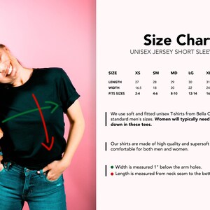 May include: A person wearing a black unisex jersey short sleeve tee, with a size chart displayed. The chart shows measurements for sizes XS to 3XL, with lengths from 27 to 33 inches and widths from 16.5 to 28 inches. The shirt is made of 100% cotton.