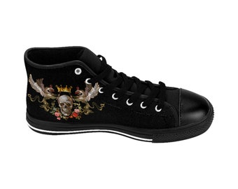 Biluxi Regalia, unisex classic shoes, whimsigoth sneakers, tattoo skull art, black sneakers for women